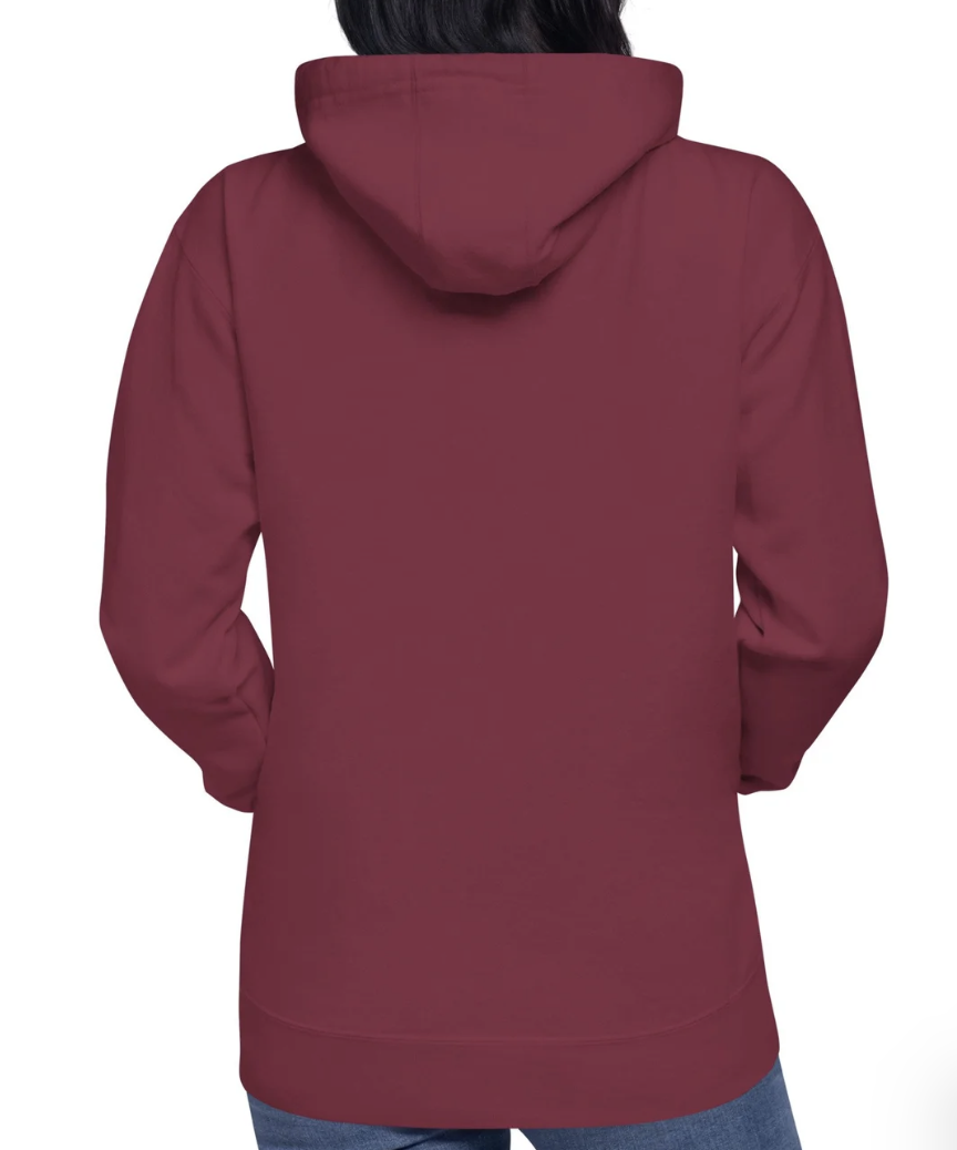Burgundy hoodie shown from the rear